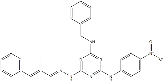 2-methyl-3-phenylacrylaldehyde (4-(benzylamino)-6-{4-nitroanilino}-1,3,5-triazin-2-yl)hydrazone 结构式