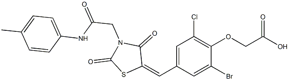 [2-bromo-6-chloro-4-({2,4-dioxo-3-[2-oxo-2-(4-toluidino)ethyl]-1,3-thiazolidin-5-ylidene}methyl)phenoxy]acetic acid 结构式