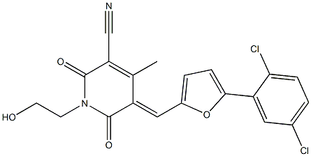 5-{[5-(2,5-dichlorophenyl)-2-furyl]methylene}-1-(2-hydroxyethyl)-4-methyl-2,6-dioxo-1,2,5,6-tetrahydro-3-pyridinecarbonitrile 结构式