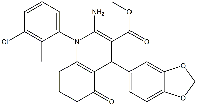 methyl 2-amino-4-(1,3-benzodioxol-5-yl)-1-(3-chloro-2-methylphenyl)-5-oxo-1,4,5,6,7,8-hexahydro-3-quinolinecarboxylate 结构式