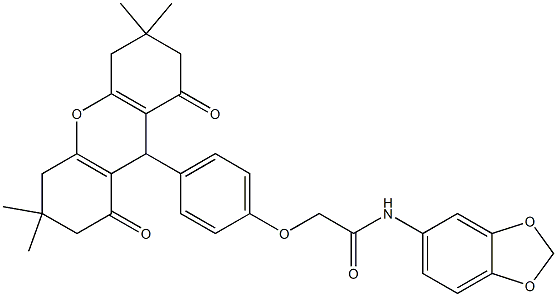 N-(1,3-benzodioxol-5-yl)-2-[4-(3,3,6,6-tetramethyl-1,8-dioxo-2,3,4,5,6,7,8,9-octahydro-1H-xanthen-9-yl)phenoxy]acetamide 结构式