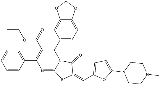 ethyl 5-(1,3-benzodioxol-5-yl)-2-{[5-(4-methyl-1-piperazinyl)-2-furyl]methylene}-3-oxo-7-phenyl-2,3-dihydro-5H-[1,3]thiazolo[3,2-a]pyrimidine-6-carboxylate 结构式