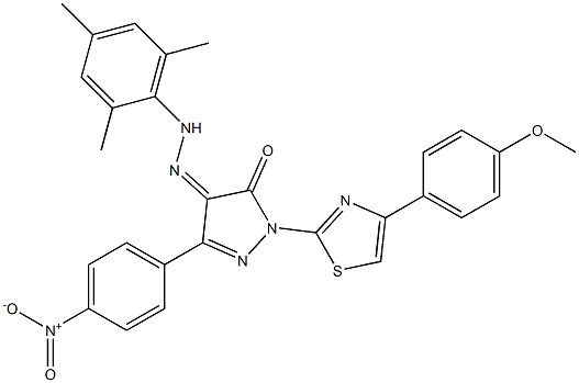 1-[4-(4-methoxyphenyl)-1,3-thiazol-2-yl]-3-(4-nitrophenyl)-1H-pyrazole-4,5-dione 4-(N-mesitylhydrazone) 结构式