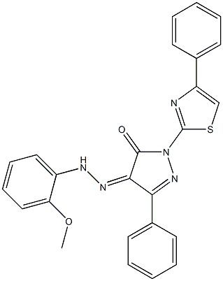 3-phenyl-1-(4-phenyl-1,3-thiazol-2-yl)-1H-pyrazole-4,5-dione 4-[N-(2-methoxyphenyl)hydrazone] 结构式