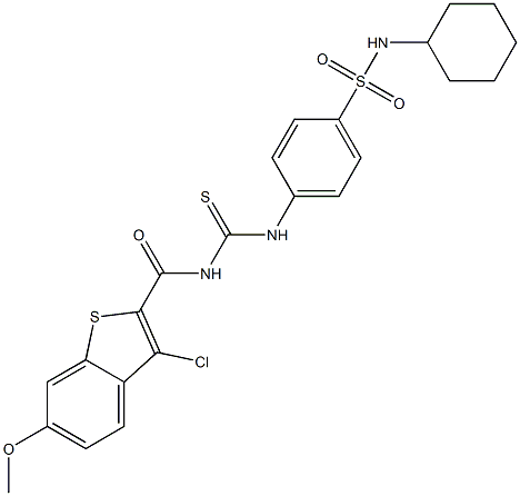 4-[({[(3-chloro-6-methoxy-1-benzothiophen-2-yl)carbonyl]amino}carbothioyl)amino]-N-cyclohexylbenzenesulfonamide 结构式