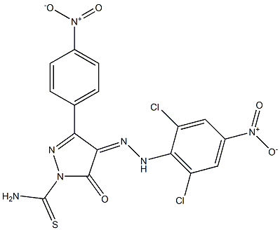 4-[(Z)-2-(2,6-dichloro-4-nitrophenyl)hydrazono]-3-(4-nitrophenyl)-5-oxo-1H-pyrazole-1(5H)-carbothioamide 结构式