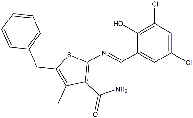 5-benzyl-2-{[(E)-(3,5-dichloro-2-hydroxyphenyl)methylidene]amino}-4-methyl-3-thiophenecarboxamide 结构式