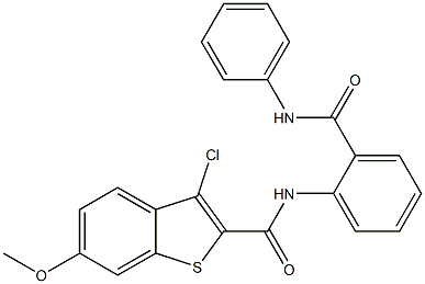 N-[2-(anilinocarbonyl)phenyl]-3-chloro-6-methoxy-1-benzothiophene-2-carboxamide 结构式