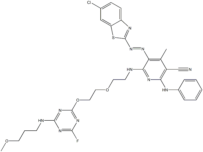 2-[6-Anilino-5-cyano-2-[2-[2-[4-fluoro-6-(3-methoxypropylamino)-1,3,5-triazin-2-yloxy]ethoxy]ethylamino]-4-methyl-3-pyridylazo]-6-chlorobenzothiazole 结构式