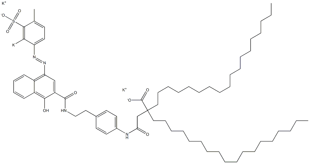 3-[4-[2-[1-Hydroxy-4-(4-methyl-2-potassiosulfophenylazo)-2-naphtylcarbonylamino]ethyl]phenylcarbamoyl]-2,2-dioctadecylpropanoic acid potassium salt 结构式