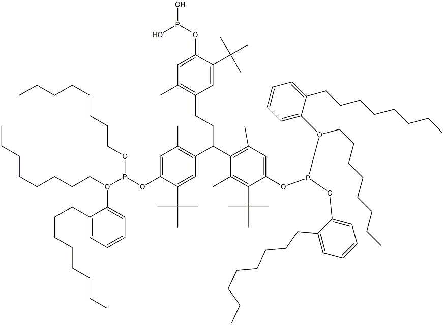 [3-Methyl-1,1,3-propanetriyltris(2-tert-butyl-5-methyl-4,1-phenyleneoxy)]tris(phosphonous acid)O,O',O''-trioctyl O,O',O''-tris(2-octylphenyl) ester 结构式