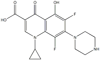 1-Cyclopropyl-6,8-difluoro-1,4-dihydro-5-hydroxy-4-oxo-7-(1-piperazinyl)quinoline-3-carboxylic acid 结构式