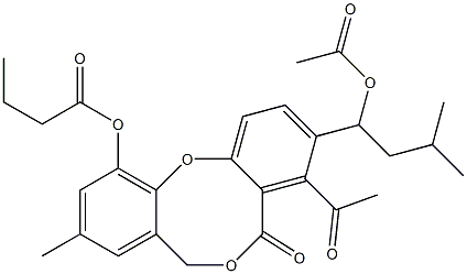 Butyric acid 4-acetyl-3-[1-(acetyloxy)-3-methylbutyl]-9-methyl-5-oxo-5H,7H-dibenzo[b,g][1,5]dioxocin-11-yl ester 结构式