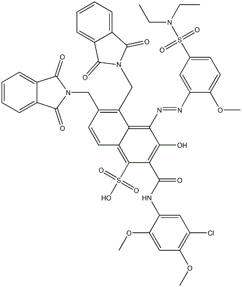 2-[(5-Chloro-2,4-dimethoxyphenyl)aminocarbonyl]-4-[5-[(diethylamino)sulfonyl]-2-methoxyphenylazo]-3-hydroxy-5,6-bis(phthalimidylmethyl)naphthalene-1-sulfonic acid 结构式