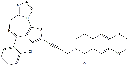 4-(2-Chlorophenyl)-9-methyl-2-[3-[(1,2,3,4-tetrahydro-6,7-dimethoxy-1-oxoisoquinolin)-2-yl]-1-propynyl]-6H-thieno[3,2-f][1,2,4]triazolo[4,3-a][1,4]diazepine 结构式