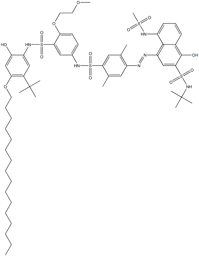 N-[3-[(5-tert-Butyl-4-hexadecyloxy-2-hydroxyphenyl)aminosulfonyl]-4-(2-methoxyethoxy)phenyl]-2,5-dimethyl-4-[3-(tert-butylaminosulfonyl)-4-hydroxy-8-methylsulfonylamino-1-naphtylazo]benzenesulfonamide 结构式