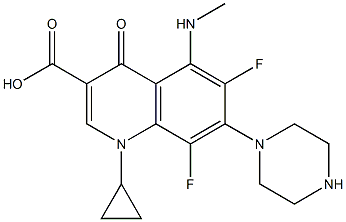 1,4-Dihydro-1-cyclopropyl-6,8-difluoro-5-(methylamino)-7-(piperazin-1-yl)-4-oxoquinoline-3-carboxylic acid 结构式