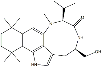 (4R,7S)-1,3,4,5,7,8,10,11,12,13-Decahydro-4-(hydroxymethyl)-8,10,10,13,13-pentamethyl-7-isopropyl-6H-benzo[g][1,4]diazonino[7,6,5-cd]indol-6-one 结构式