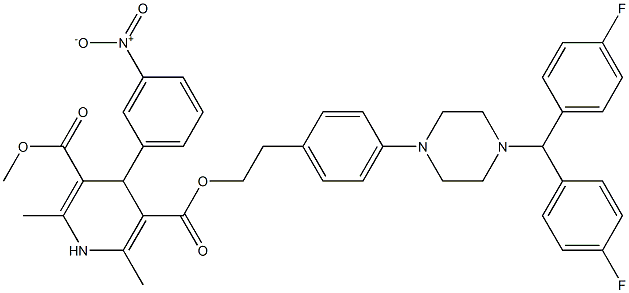 2,6-Dimethyl-4-(3-nitrophenyl)-1,4-dihydropyridine-3,5-dicarboxylic acid 3-methyl 5-[2-[4-[[4-[bis(4-fluorophenyl)methyl]piperazin]-1-yl]phenyl]ethyl] ester 结构式