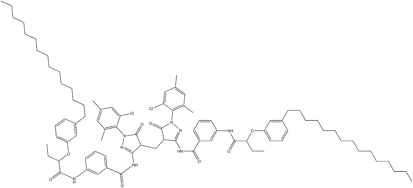 4,4'-Methylenebis[1-(2-chloro-4,6-dimethylphenyl)-3-[3-[2-(3-pentadecylphenoxy)butanoylamino]benzoylamino]-2-pyrazolin-5-one] 结构式