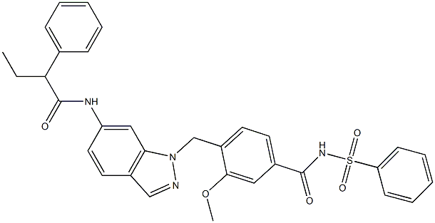 4-[6-(2-Phenylbutyrylamino)-1H-indazol-1-ylmethyl]-3-methoxy-N-phenylsulfonylbenzamide 结构式