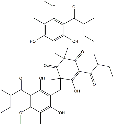 3,5-Bis[[2,6-dihydroxy-4-methoxy-3-methyl-5-(2-methylbutanoyl)phenyl]methyl]-2-hydroxy-3,5-dimethyl-1-(2-methylbutanoyl)-1-cyclohexene-4,6-dione 结构式