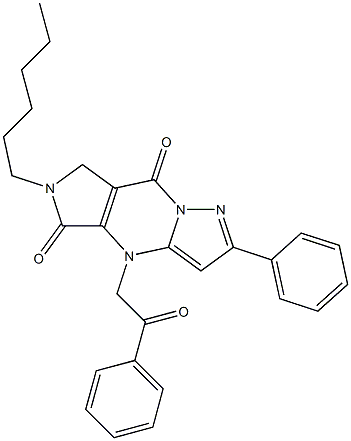 6,7-Dihydro-6-hexyl-4-(2-oxo-2-phenylethyl)-2-phenyl-4H-1,4,6,8a-tetraaza-s-indacene-5,8-dione 结构式