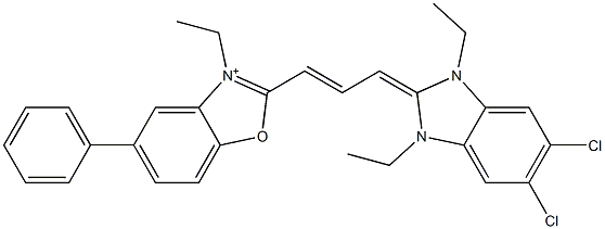 2-[3-[(5,6-Dichloro-1,3-diethyl-1,3-dihydro-2H-benzimidazol)-2-ylidene]-1-propenyl]-3-ethyl-5-phenylbenzoxazol-3-ium 结构式