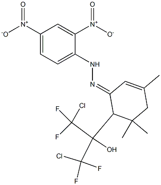 6-[2-Chloro-1-(chlorodifluoromethyl)-2,2-difluoro-1-hydroxyethyl]-3,5,5-trimethyl-2-cyclohexen-1-one 2,4-dinitrophenyl hydrazone 结构式