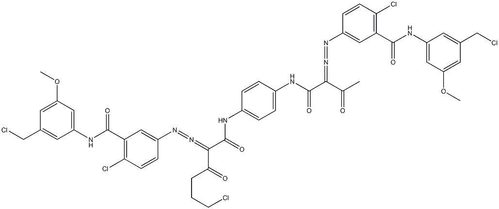 3,3'-[2-(2-Chloroethyl)-1,4-phenylenebis[iminocarbonyl(acetylmethylene)azo]]bis[N-[3-(chloromethyl)-5-methoxyphenyl]-6-chlorobenzamide] 结构式