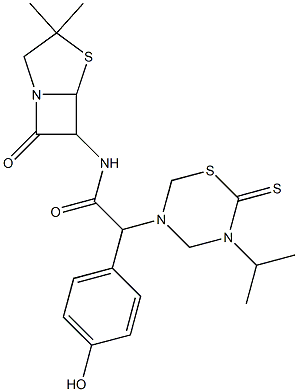 7-Oxo-3,3-dimethyl-6-[[[(tetrahydro-2-thioxo-3-isopropyl-2H-1,3,5-thiadiazin)-5-yl](4-hydroxyphenyl)acetyl]amino]-4-thia-1-azabicyclo[3.2.0]heptane 结构式