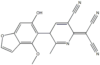 4-Methoxy-5-[[2-methyl-5-cyano-3,6-dihydro-6-(dicyanomethylene)pyridin]-3-yl]benzofuran-6-ol 结构式