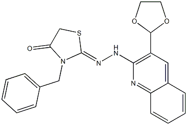 2-[2-[3-(1,3-Dioxolane-2-yl)quinoline-2-yl]hydrazono]-3-benzylthiazolidine-4-one 结构式