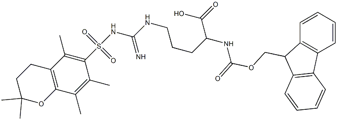2-{[(9H-fluoren-9-ylmethoxy)carbonyl]amino}-5-[(imino{[(2,2,5,7,8-pentamethyl-3,4-dihydro-2H-chromen-6-yl)sulfonyl]amino}methyl)amino]pentanoic acid 结构式