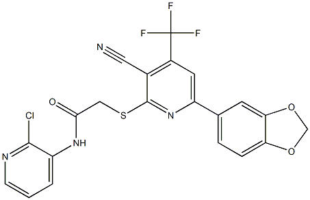 2-{[6-(1,3-benzodioxol-5-yl)-3-cyano-4-(trifluoromethyl)-2-pyridinyl]sulfanyl}-N-(2-chloro-3-pyridinyl)acetamide 结构式