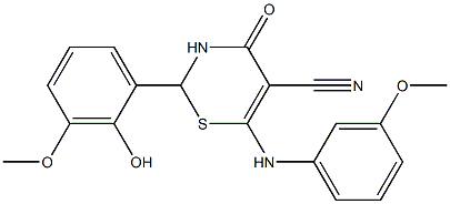 2-(2-hydroxy-3-methoxyphenyl)-6-(3-methoxyanilino)-4-oxo-3,4-dihydro-2H-1,3-thiazine-5-carbonitrile 结构式