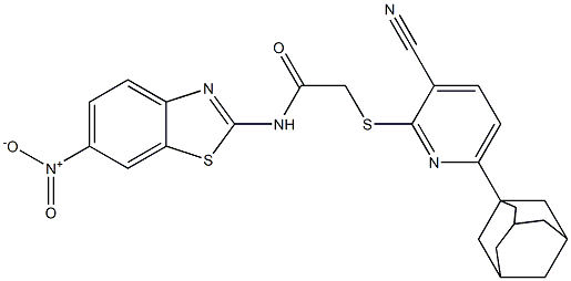 2-{[6-(1-adamantyl)-3-cyano-2-pyridinyl]sulfanyl}-N-(6-nitro-1,3-benzothiazol-2-yl)acetamide 结构式