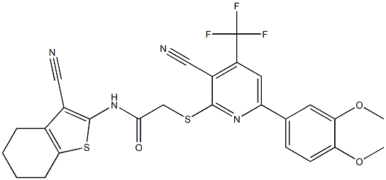 2-{[3-cyano-6-(3,4-dimethoxyphenyl)-4-(trifluoromethyl)-2-pyridinyl]sulfanyl}-N-(3-cyano-4,5,6,7-tetrahydro-1-benzothiophen-2-yl)acetamide 结构式