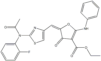 3-Furancarboxylic  acid,  5-[[2-[acetyl(2-fluorophenyl)amino]-4-thiazolyl]methylene]-4,5-dihydro-4-oxo-2-(phenylamino)-,  ethyl  ester 结构式