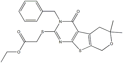 ethyl [(3-benzyl-6,6-dimethyl-4-oxo-3,5,6,8-tetrahydro-4H-pyrano[4',3':4,5]thieno[2,3-d]pyrimidin-2-yl)sulfanyl]acetate 结构式