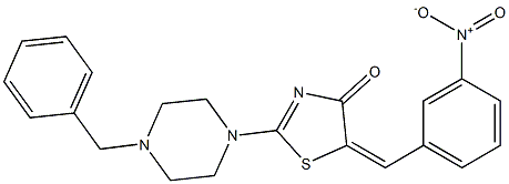 2-(4-benzyl-1-piperazinyl)-5-{3-nitrobenzylidene}-1,3-thiazol-4(5H)-one 结构式