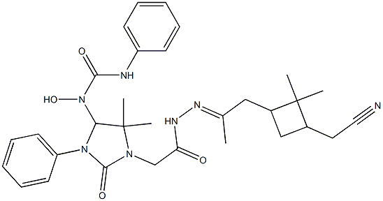 N-{1-[2-(2-{2-[3-(cyanomethyl)-2,2-dimethylcyclobutyl]-1-methylethylidene}hydrazino)-2-oxoethyl]-5,5-dimethyl-2-oxo-3-phenyl-4-imidazolidinyl}-N-hydroxy-N'-phenylurea 结构式