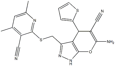 6-amino-3-{[(3-cyano-4,6-dimethyl-2-pyridinyl)sulfanyl]methyl}-4-(2-thienyl)-1,4-dihydropyrano[2,3-c]pyrazole-5-carbonitrile 结构式