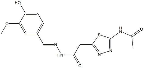 N-(5-{2-[2-(4-hydroxy-3-methoxybenzylidene)hydrazino]-2-oxoethyl}-1,3,4-thiadiazol-2-yl)acetamide 结构式