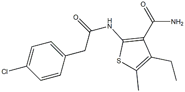 2-{[(4-chlorophenyl)acetyl]amino}-4-ethyl-5-methyl-3-thiophenecarboxamide 结构式