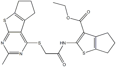 ethyl 2-({[(2-methyl-6,7-dihydro-5H-cyclopenta[4,5]thieno[2,3-d]pyrimidin-4-yl)sulfanyl]acetyl}amino)-5,6-dihydro-4H-cyclopenta[b]thiophene-3-carboxylate 结构式