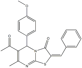 6-acetyl-2-benzylidene-5-(4-methoxyphenyl)-7-methyl-5H-[1,3]thiazolo[3,2-a]pyrimidin-3(2H)-one 结构式