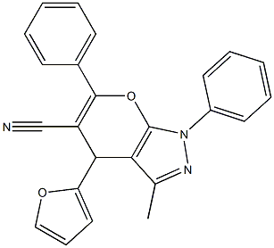 4-(2-furyl)-3-methyl-1,6-diphenyl-1,4-dihydropyrano[2,3-c]pyrazole-5-carbonitrile 结构式