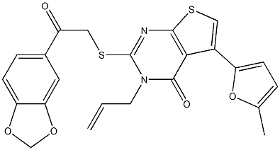 3-allyl-2-{[2-(1,3-benzodioxol-5-yl)-2-oxoethyl]sulfanyl}-5-(5-methyl-2-furyl)thieno[2,3-d]pyrimidin-4(3H)-one 结构式