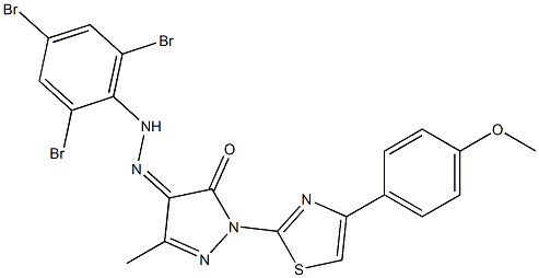 1-[4-(4-methoxyphenyl)-1,3-thiazol-2-yl]-3-methyl-1H-pyrazole-4,5-dione 4-[N-(2,4,6-tribromophenyl)hydrazone] 结构式